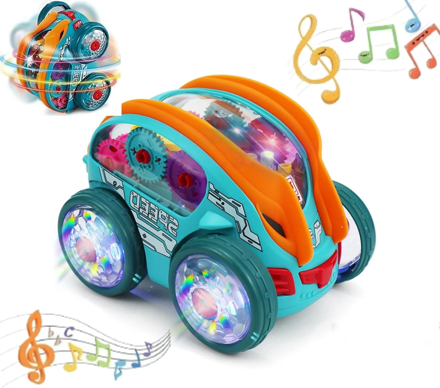 Speedlite Dynamic Gear-Powered Car with Led Lights, Transparent Luminous Toy Car, Bump and Go Toy Cars with Colorful Moving Gears, Speedlite Dynamic Gear-Powered Car Set for Boys Girls