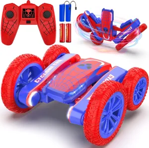 Spider Remote Control Car for Kids - 2.4Ghz Fast RC Stunt Cars, 360° Rotating 4WD RC Crawler with Lights, Rechargeable Car Toy for Boys Ages 6 7 8 9 10 Birthday Blue&Red