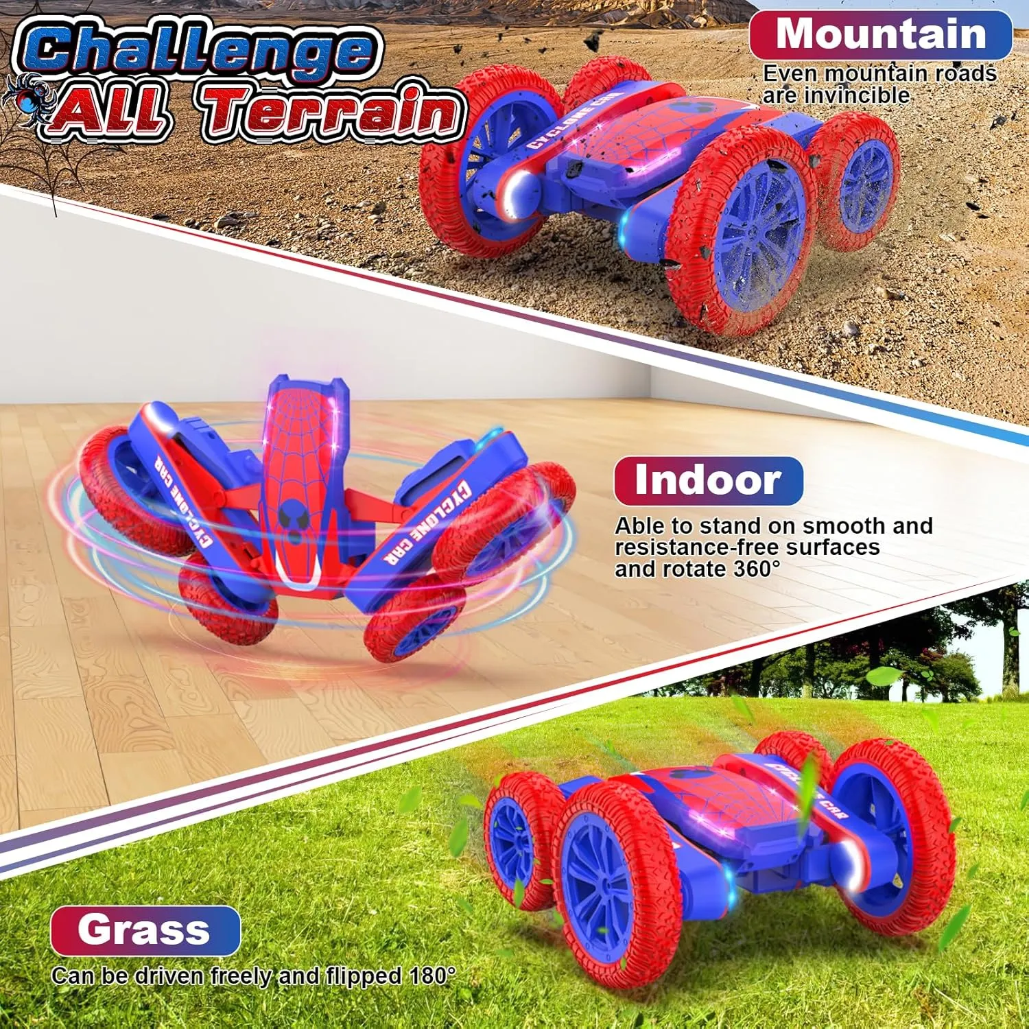 Spider Remote Control Car for Kids - 2.4Ghz Fast RC Stunt Cars, 360° Rotating 4WD RC Crawler with Lights, Rechargeable Car Toy for Boys Ages 6 7 8 9 10 Birthday Blue&Red