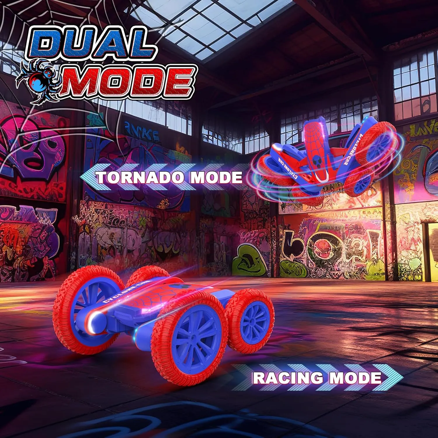 Spider Remote Control Car for Kids - 2.4Ghz Fast RC Stunt Cars, 360° Rotating 4WD RC Crawler with Lights, Rechargeable Car Toy for Boys Ages 6 7 8 9 10 Birthday Blue&Red