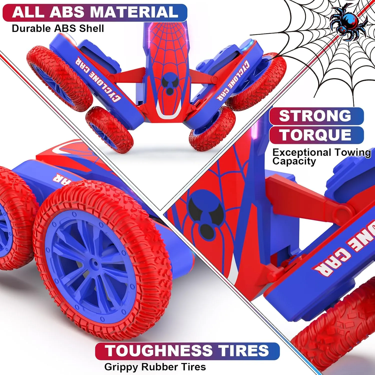 Spider Remote Control Car for Kids - 2.4Ghz Fast RC Stunt Cars, 360° Rotating 4WD RC Crawler with Lights, Rechargeable Car Toy for Boys Ages 6 7 8 9 10 Birthday Blue&Red