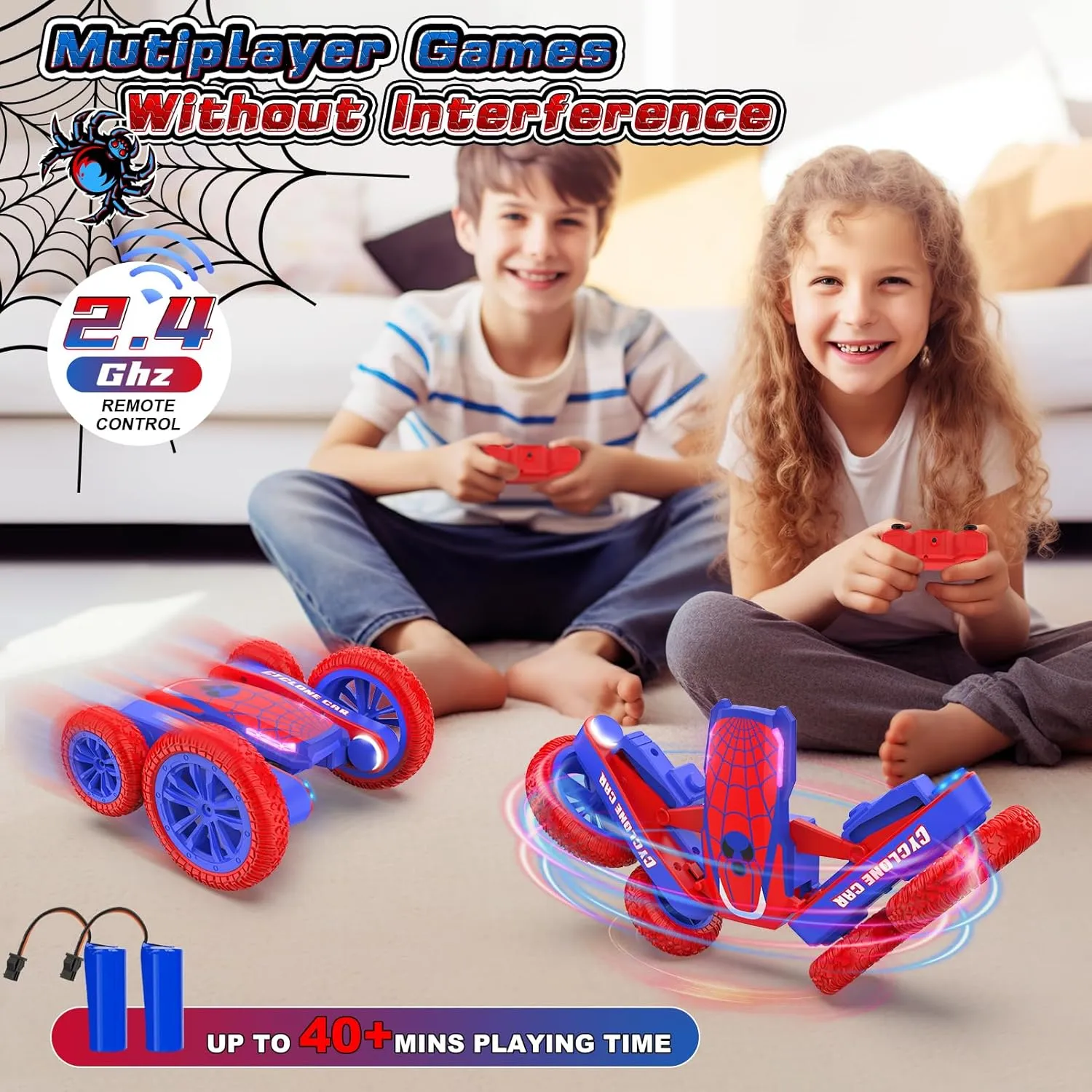 Spider Remote Control Car for Kids - 2.4Ghz Fast RC Stunt Cars, 360° Rotating 4WD RC Crawler with Lights, Rechargeable Car Toy for Boys Ages 6 7 8 9 10 Birthday Blue&Red