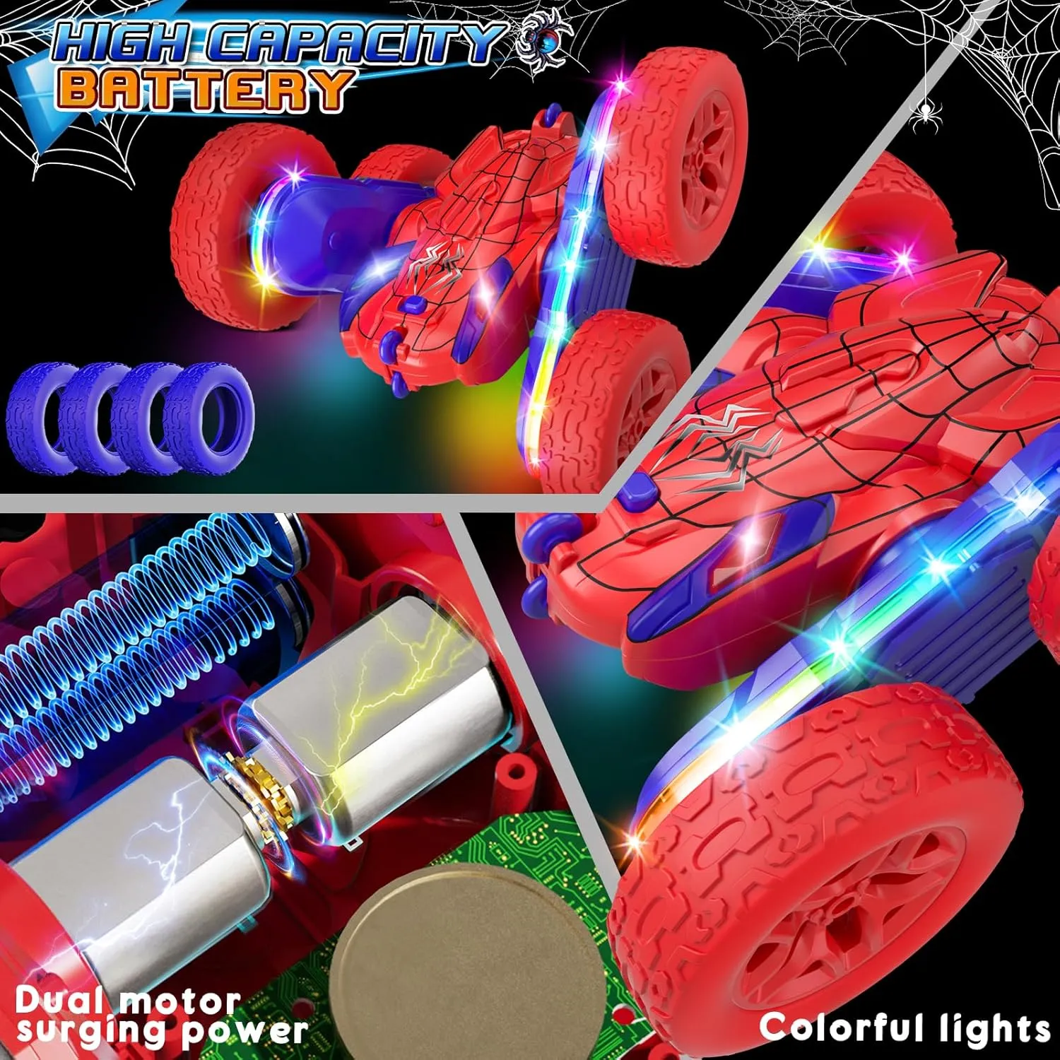 Spider Remote Control Car,RC Cars with Sides Light Strip and Headlights,Double Sided 360 Flips Rotating RC Stunt Car,2.4Ghz All Terrain Toys for Ages 5-7 Kids Toy for Boys Girls Birthday Gift