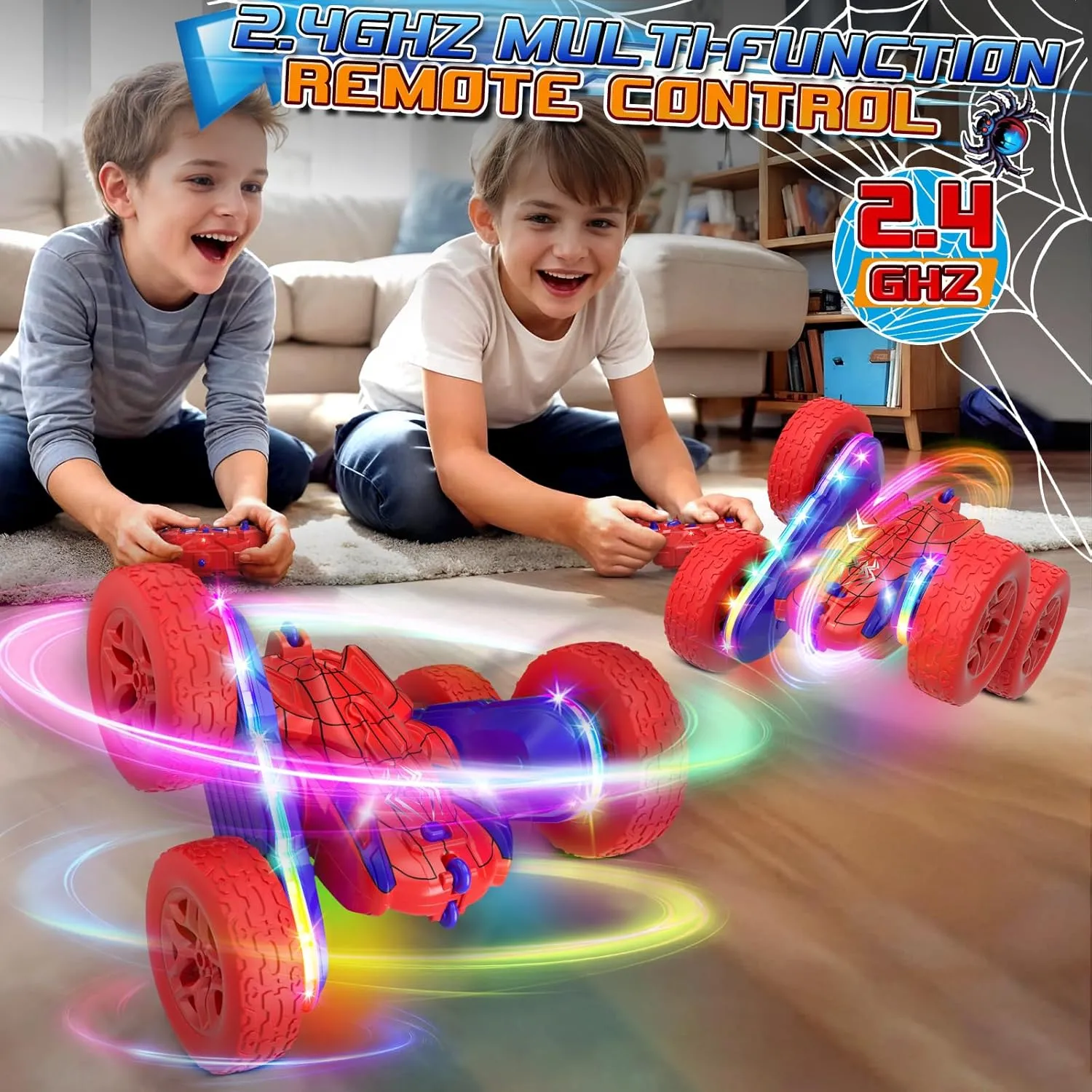 Spider Remote Control Car,RC Cars with Sides Light Strip and Headlights,Double Sided 360 Flips Rotating RC Stunt Car,2.4Ghz All Terrain Toys for Ages 5-7 Kids Toy for Boys Girls Birthday Gift