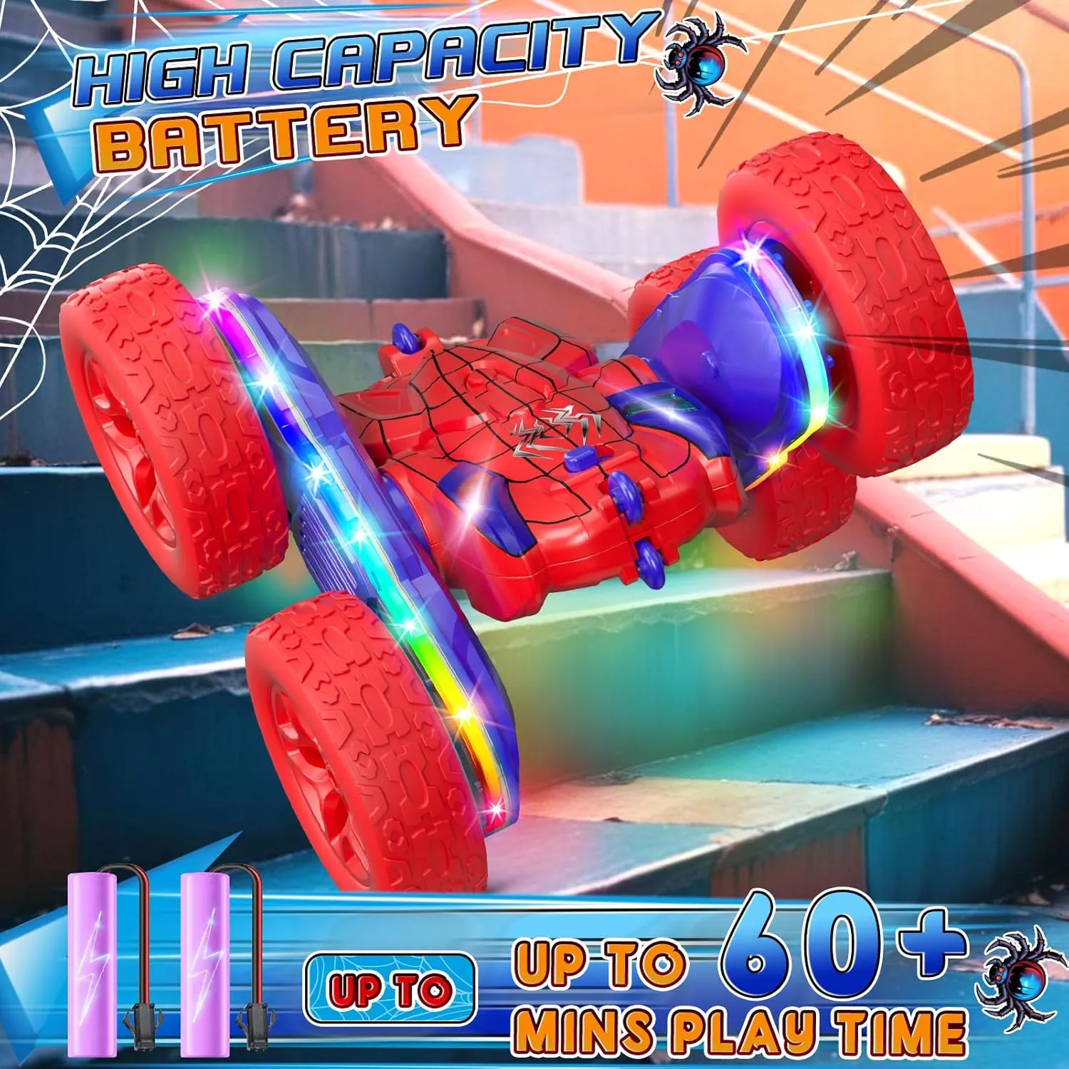 Spider Remote Control Car,RC Cars with Sides Light Strip and Headlights,Double Sided 360 Flips Rotating RC Stunt Car,2.4Ghz All Terrain Toys for Ages 5-7 Kids Toy for Boys Girls Birthday Gift