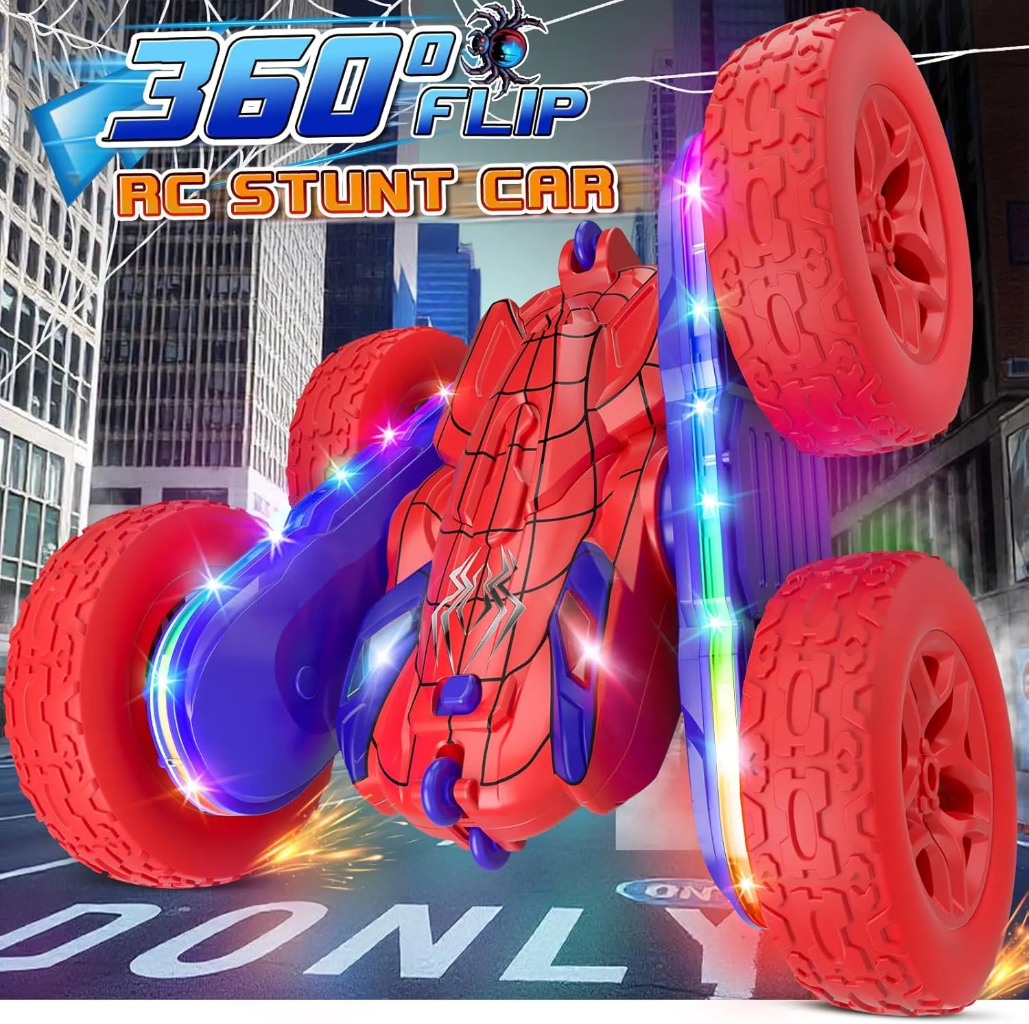 Spider Remote Control Car,RC Cars with Sides Light Strip and Headlights,Double Sided 360 Flips Rotating RC Stunt Car,2.4Ghz All Terrain Toys for Ages 5-7 Kids Toy for Boys Girls Birthday Gift