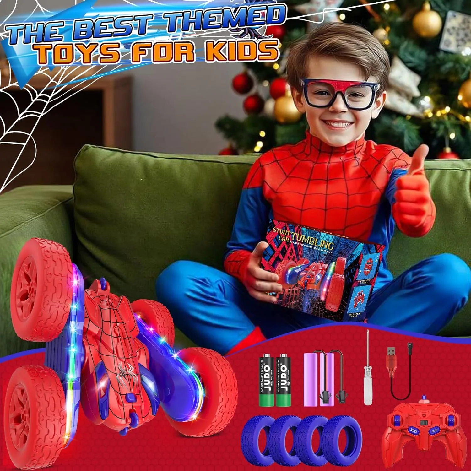 Spider Remote Control Car,RC Cars with Sides Light Strip and Headlights,Double Sided 360 Flips Rotating RC Stunt Car,2.4Ghz All Terrain Toys for Ages 5-7 Kids Toy for Boys Girls Birthday Gift