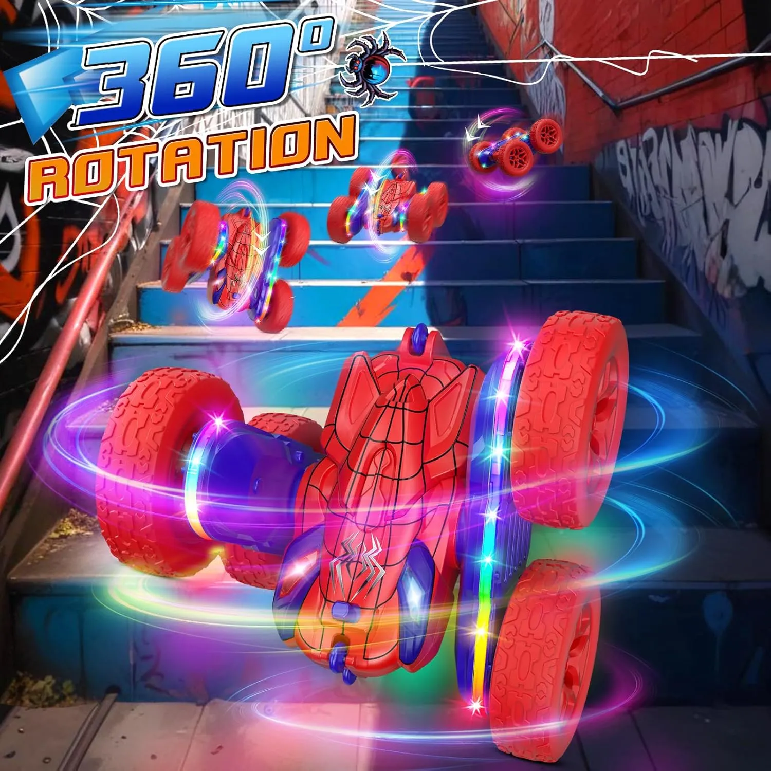 Spider Remote Control Car,RC Cars with Sides Light Strip and Headlights,Double Sided 360 Flips Rotating RC Stunt Car,2.4Ghz All Terrain Toys for Ages 5-7 Kids Toy for Boys Girls Birthday Gift