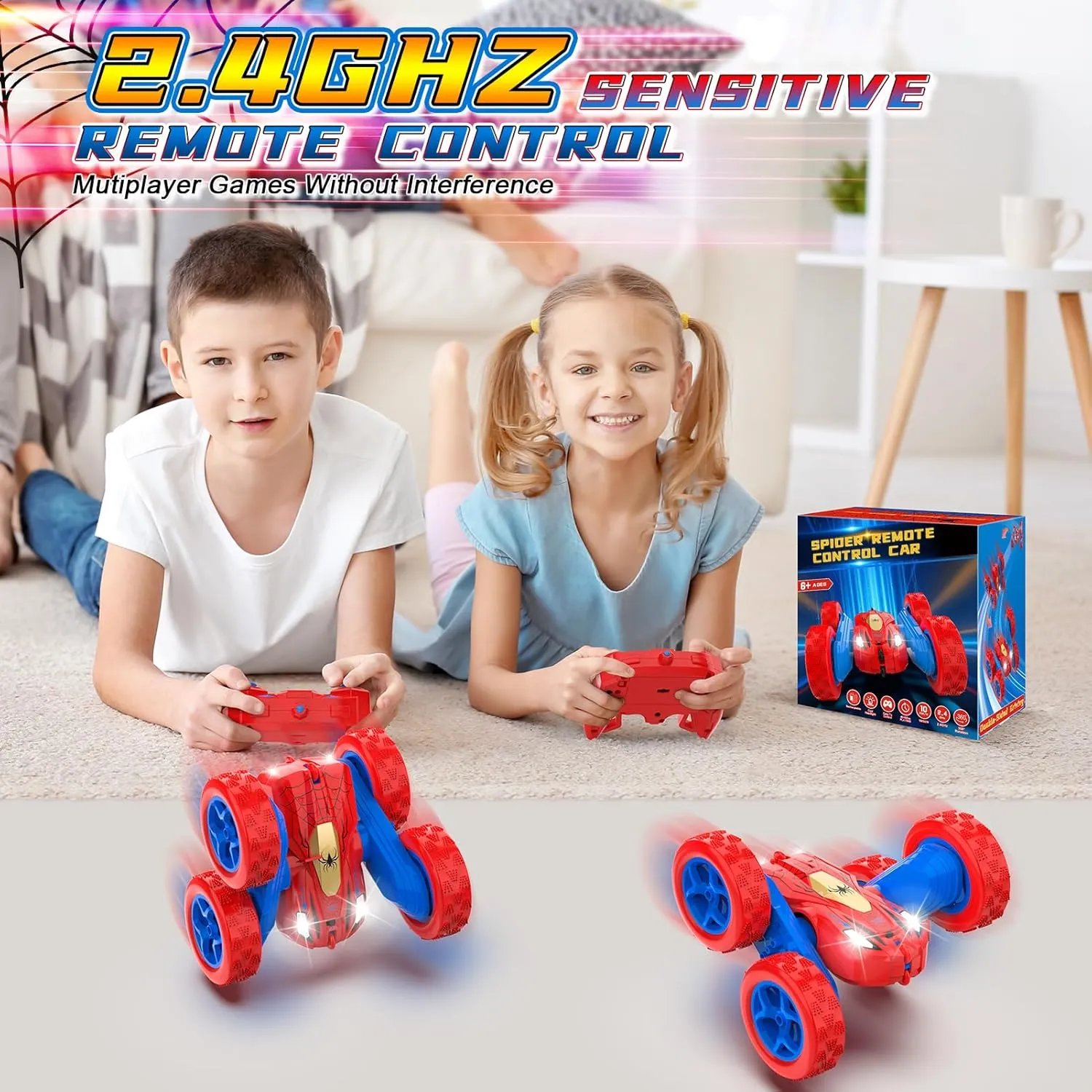 Spider Remote Control Cars for 3 4 5 6 7 Year Old Boys Double Sided 4WD Off-Road, 360° Rotating RC Stunt Car 2.4GHz Rechargeable Toys for Ages 6-12 Boys and Girls Birthday Xmas Gift