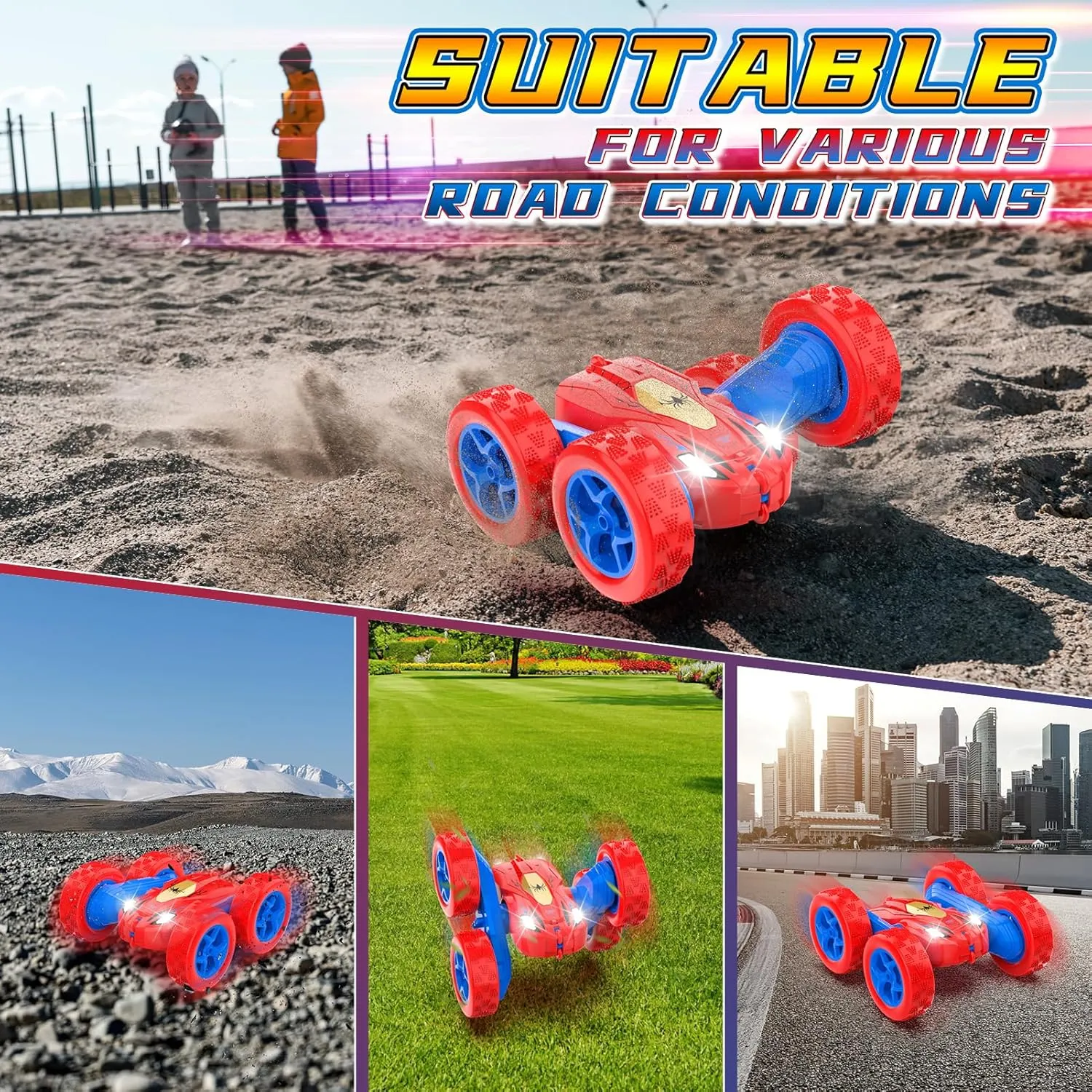 Spider Remote Control Cars for 3 4 5 6 7 Year Old Boys Double Sided 4WD Off-Road, 360° Rotating RC Stunt Car 2.4GHz Rechargeable Toys for Ages 6-12 Boys and Girls Birthday Xmas Gift