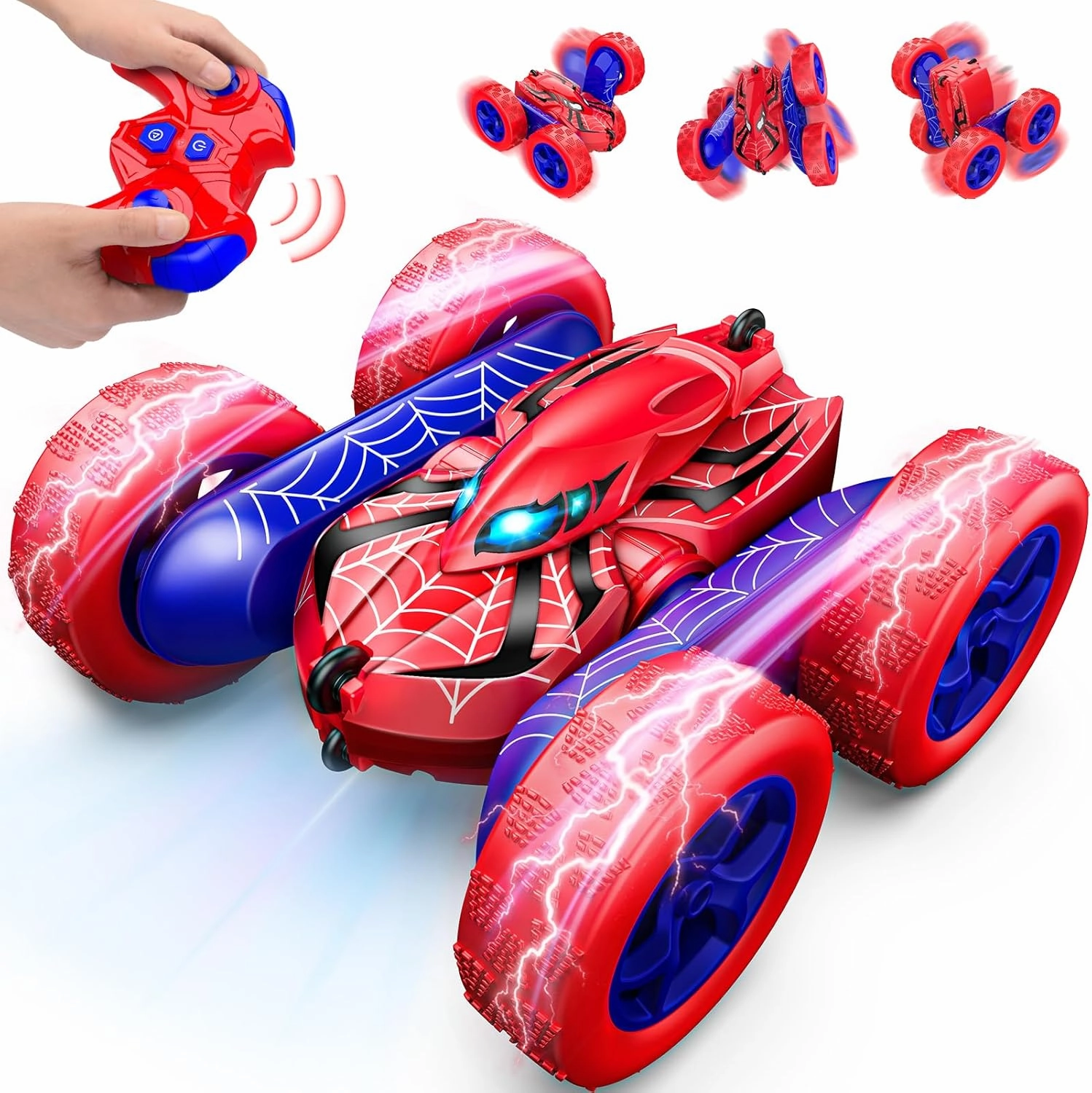 Spider Remote Control Car,Double Sided 360° Rotating 4WD RC Cars Toys for 3-12 Year Old Boys 2.4GHz Electric Rechargeable Race Stunt Birthday Halloween Christmas Easter Spiderman Toys for Boys 4-6 3-4
