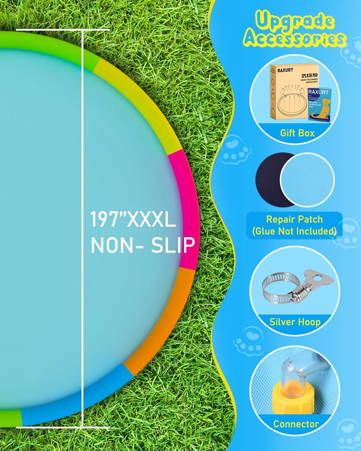 Splash Pad for Kids and Dogs, 197'' Super Large Anti-Slip Splash Sprinkler Pad for Baby Toddler, Thicken Splash Pad Dog Pool Summer Outdoor Water Toys, 16.4FT Colorful