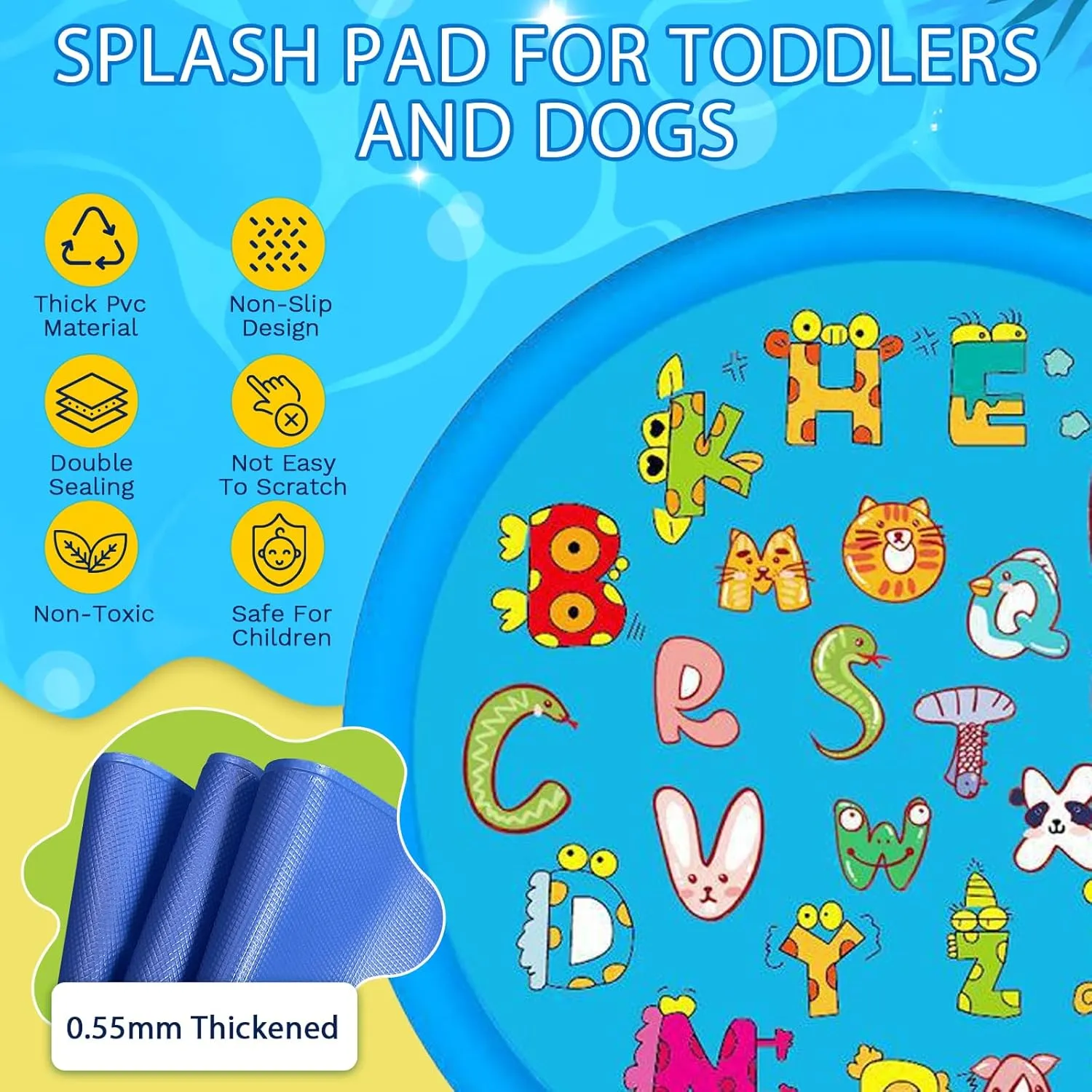 Splash Pads for Toddlers 1-3, 67'' Summer Outside Water Toys for Kids, Outdoor Sprinkler for Boys Girls 3-12, Splash Play Mat, 0.55mm Thickened Dog Pool (Letter)