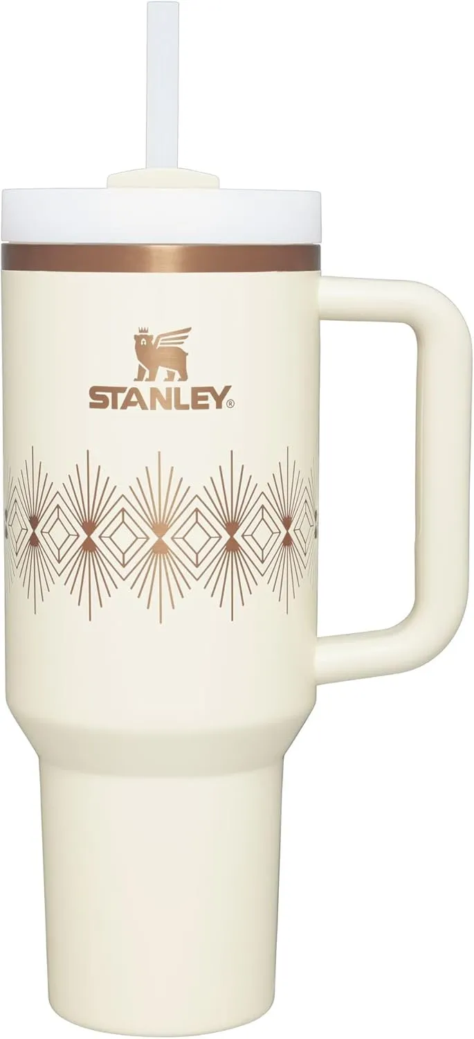 STANLEY Quencher H2.0 Tumbler with Handle and Straw 40 oz | Flowstate 3-Position Lid | Cup Holder Compatible for Travel | Insulated Stainless Steel Cup | BPA-Free | Cream Gloss Deco