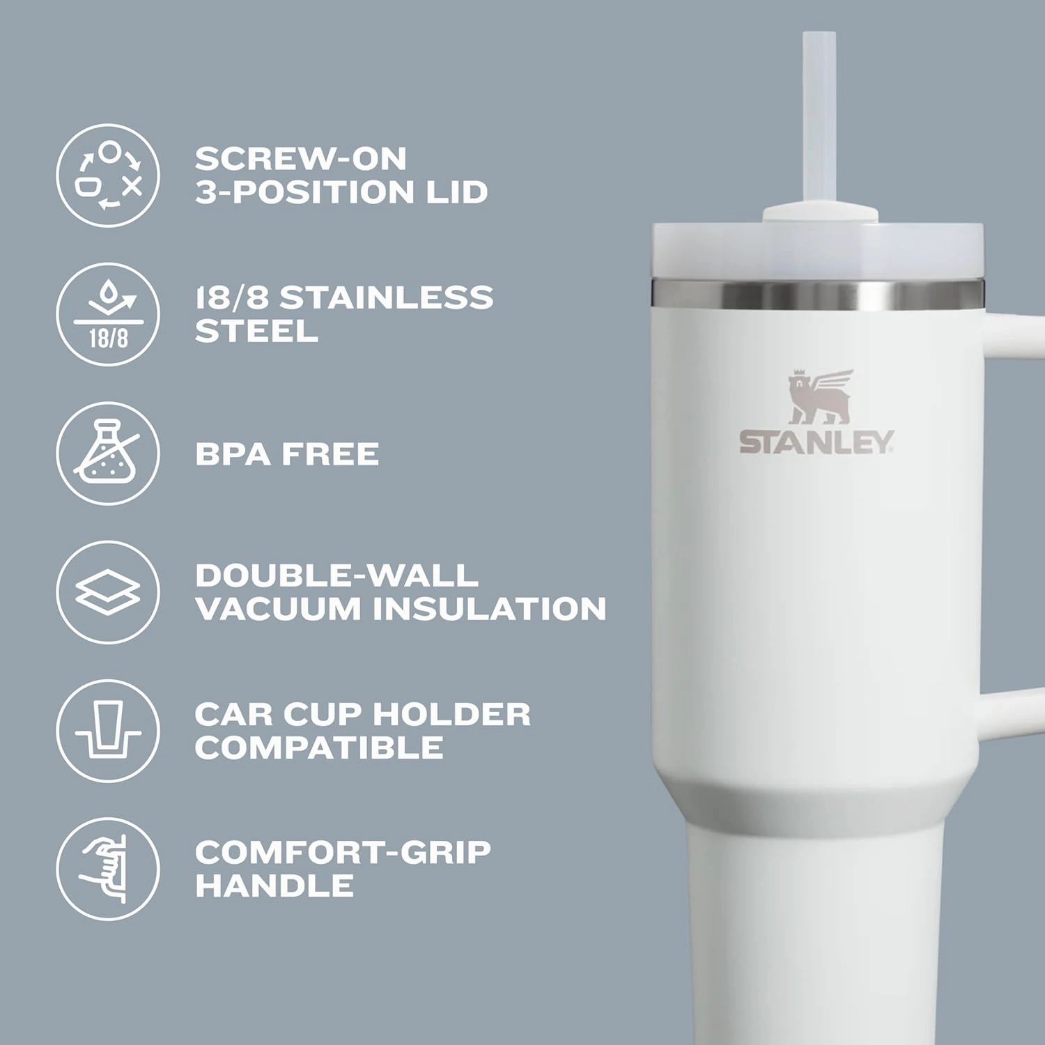 Stanley Quencher H2.0 Tumbler with Handle and Straw 40 oz | Flowstate 3-Position Lid | Cup Holder Compatible for Travel | Insulated Stainless Steel Cup | BPA-Free | Almond Rose