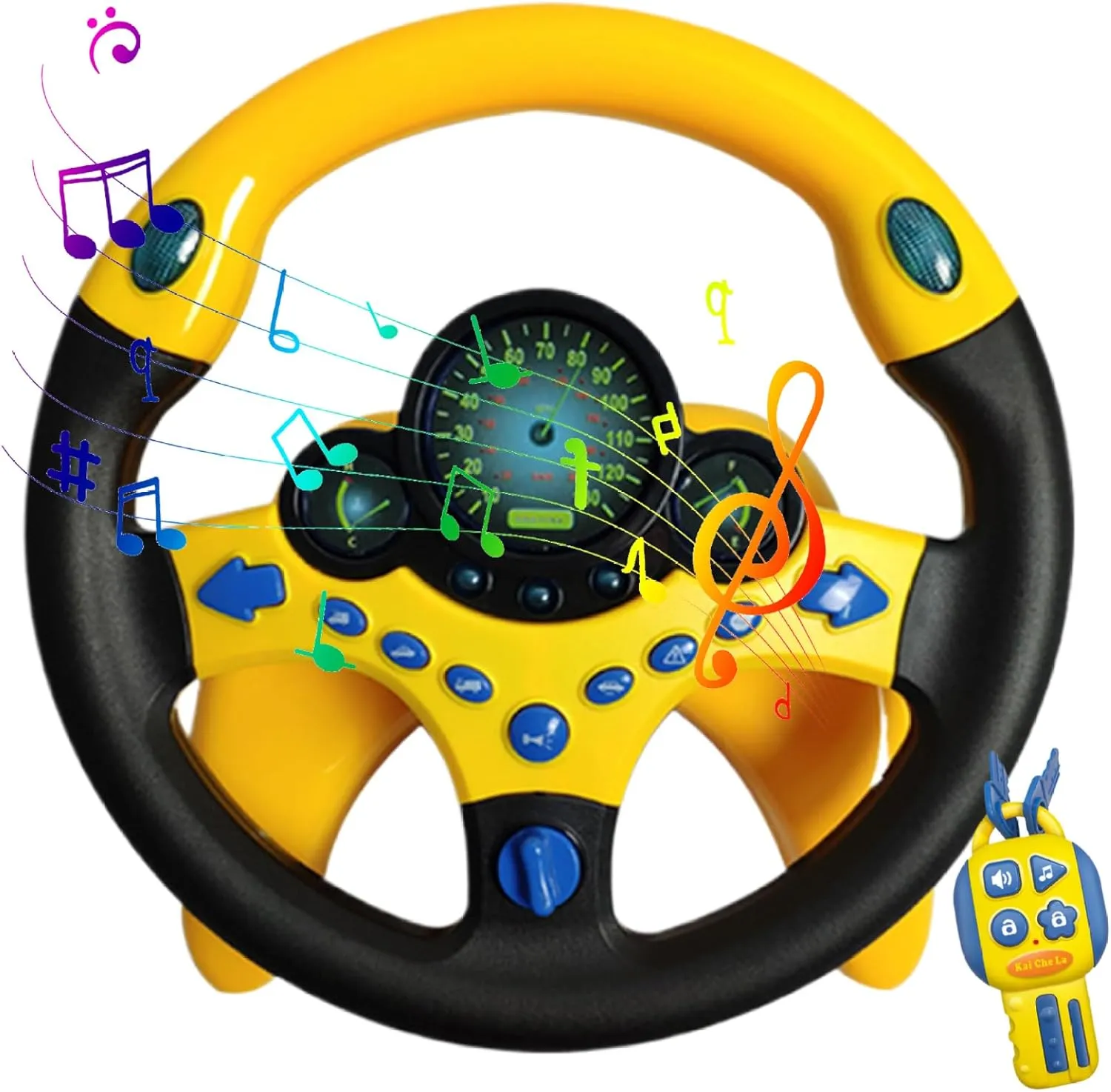 Steering Wheel Toy with Key & U-shaped Base 10x10in Simulated Toy Steering Wheel with Light and Sound 360° Rotatable Battery Powered for Kids 3 , Yellow