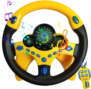 Steering Wheel Toy with Key & U-shaped Base 10x10in Simulated Toy Steering Wheel with Light and Sound 360° Rotatable Battery Powered for Kids 3 , Yellow