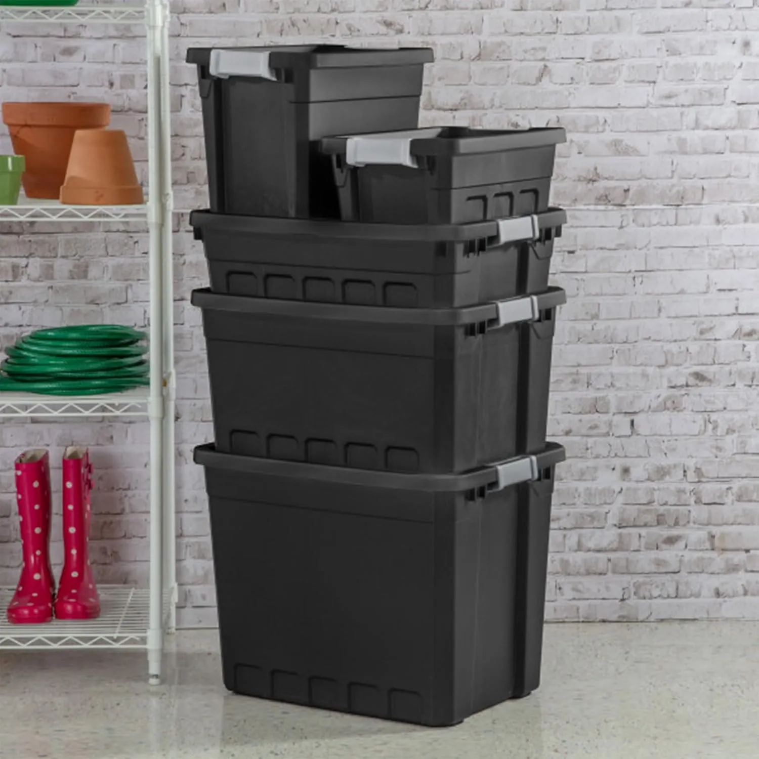 Sterilite 6-Pack Plastic Storage Bins with Lids, Stackable Containers, 10 Gallon, Black