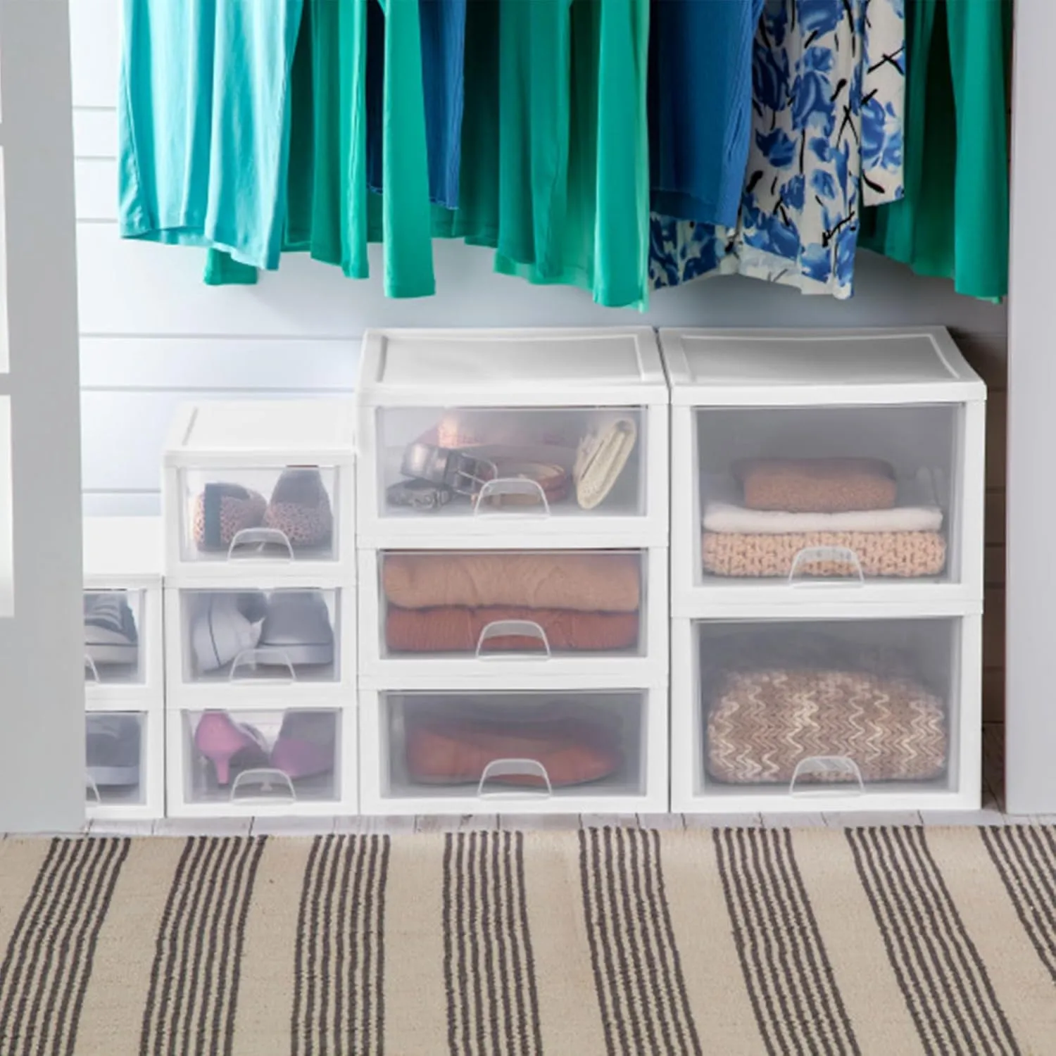 Sterilite 8-Pack 27 Quart Stacking Drawer, Clear Storage Closet Organizer, White Frame - Stackable Modular Plastic Drawers for Clothes, Accessories, Craft Supplies, Shoes or Linens