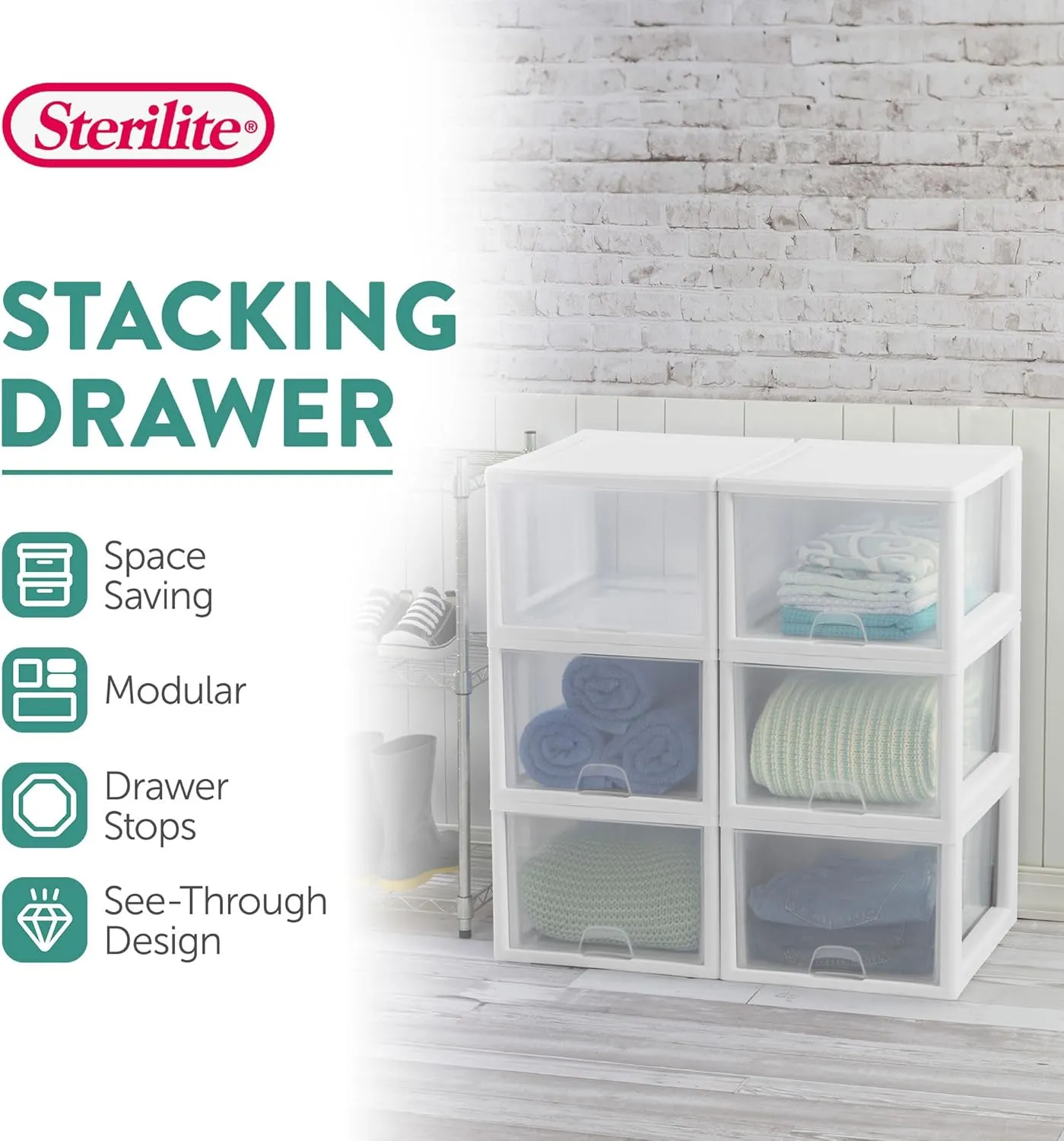 Sterilite 8-Pack 27 Quart Stacking Drawer, Clear Storage Closet Organizer, White Frame - Stackable Modular Plastic Drawers for Clothes, Accessories, Craft Supplies, Shoes or Linens