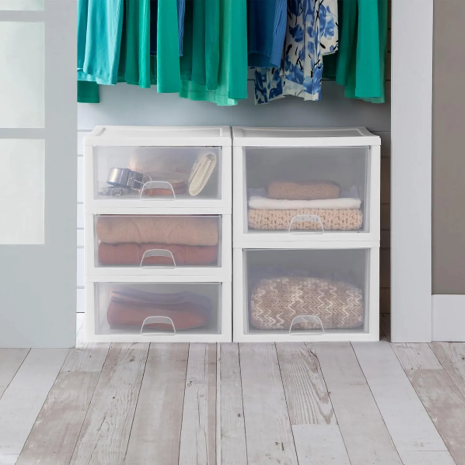 Sterilite 8-Pack 27 Quart Stacking Drawer, Clear Storage Closet Organizer, White Frame - Stackable Modular Plastic Drawers for Clothes, Accessories, Craft Supplies, Shoes or Linens
