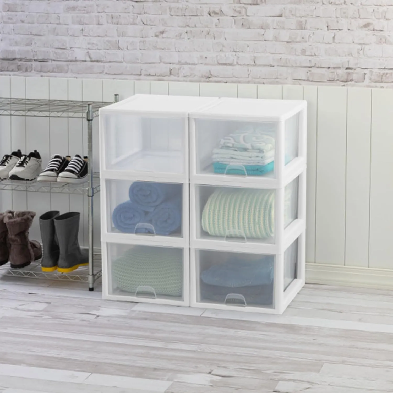 Sterilite 8-Pack 27 Quart Stacking Drawer, Clear Storage Closet Organizer, White Frame - Stackable Modular Plastic Drawers for Clothes, Accessories, Craft Supplies, Shoes or Linens