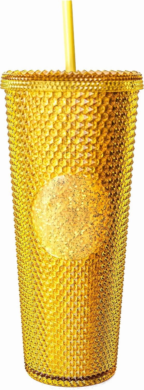 Sterz Studded Tumbler with Straw | Double Wall Tumbler perfect for Hot and Cold Drinks | Iced Coffee Cup, Smoothie Cup | Reusable, BPA Free, 24oz Capacity (Golden Yellow)