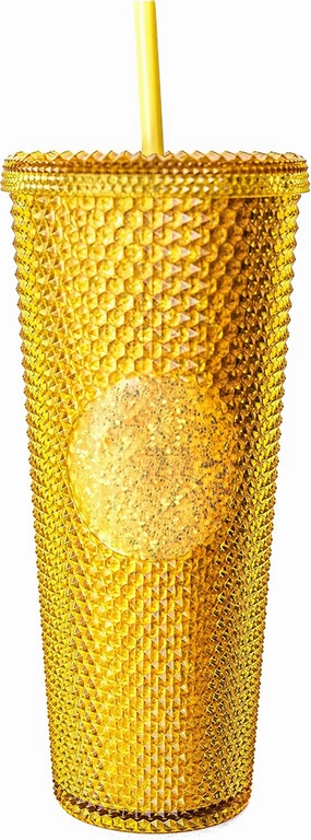 Sterz Studded Tumbler with Straw | Double Wall Tumbler perfect for Hot and Cold Drinks | Iced Coffee Cup, Smoothie Cup | Reusable, BPA Free, 24oz Capacity (Golden Yellow)