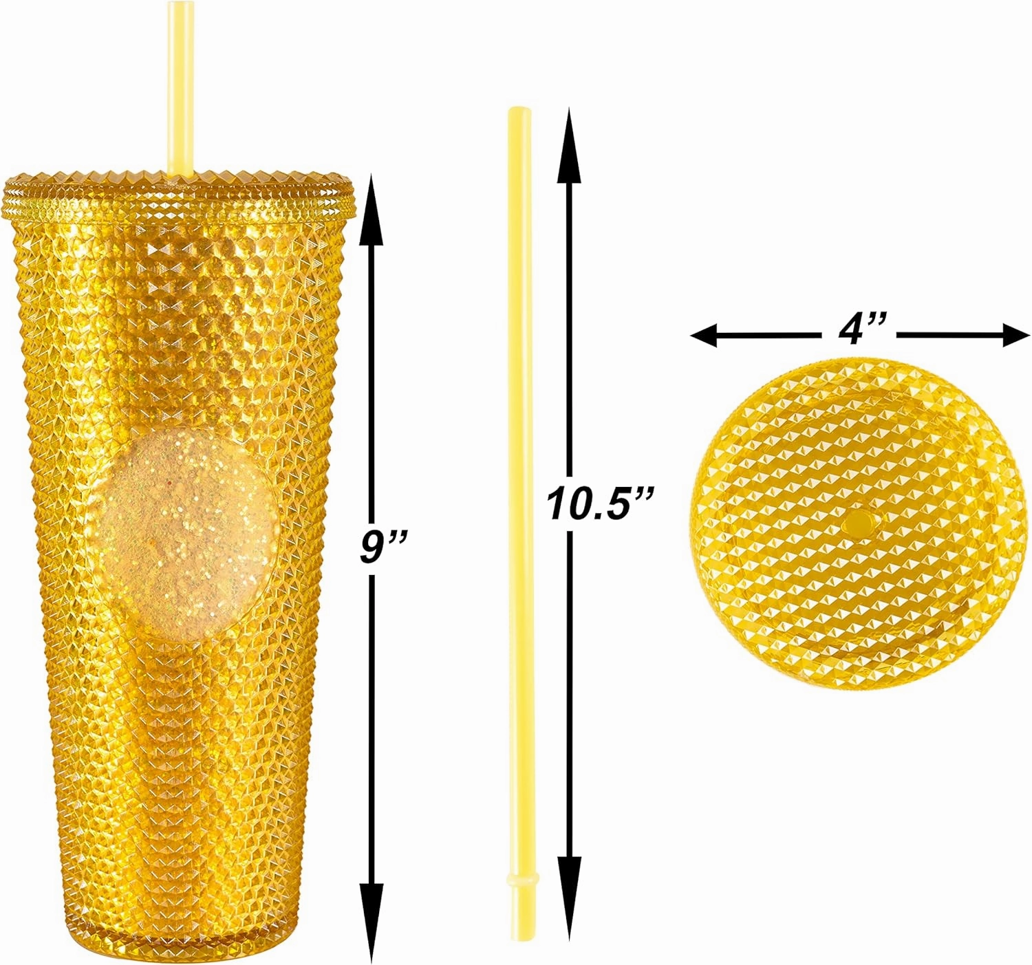 Sterz Studded Tumbler with Straw | Double Wall Tumbler perfect for Hot and Cold Drinks | Iced Coffee Cup, Smoothie Cup | Reusable, BPA Free, 24oz Capacity (Golden Yellow)