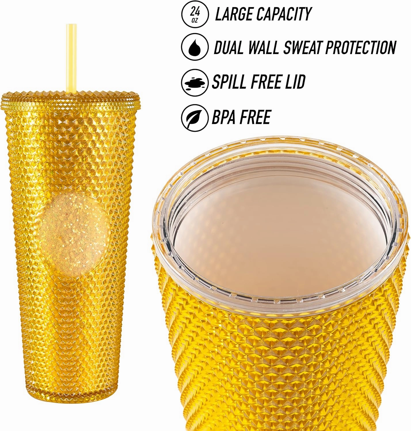 Sterz Studded Tumbler with Straw | Double Wall Tumbler perfect for Hot and Cold Drinks | Iced Coffee Cup, Smoothie Cup | Reusable, BPA Free, 24oz Capacity (Golden Yellow)