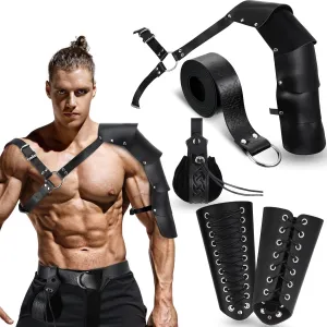 Suhine 5 Pcs Medieval Leather Shoulder Armor Cape Arm Bracers Knight Belt Pouch Medieval Costume for Cosplay Party