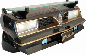 Sunbeltgifts 1977 SE Pontiac Trans AM Wall Floating Shelf, Black and Golds, 19x7.1x7.2 in, Tempered Glass, Battery Powered LED Headlights, Car Enthusiast Gift