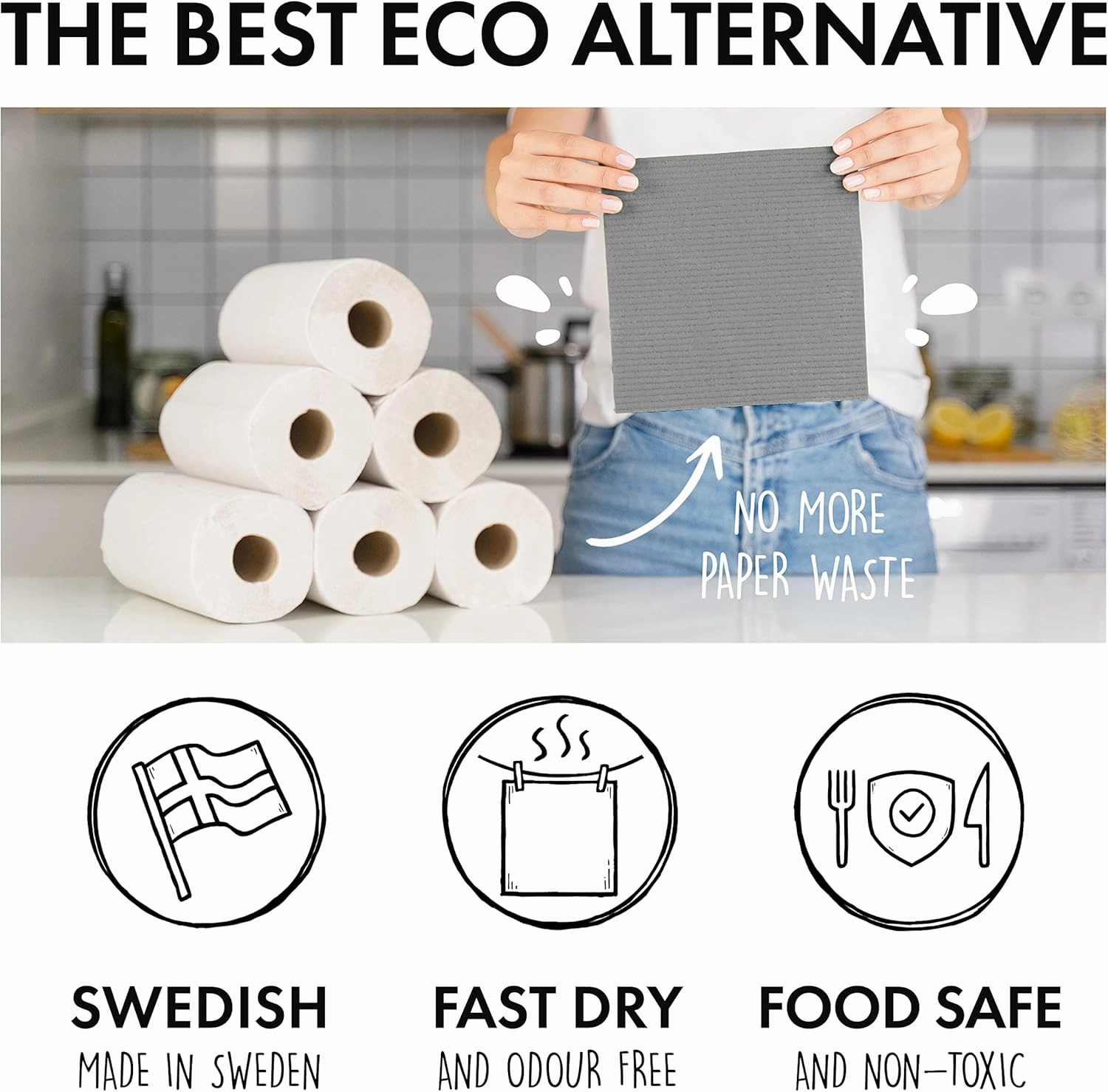SUPERSCANDI 10 Pack Swedish Dishcloths for Kitchen - 100% Biodegradable & Compostable Reusable Paper Towels Washable, Food-Safe & Without Plastic - Dish Rags Suitable for Any Surface, Grey