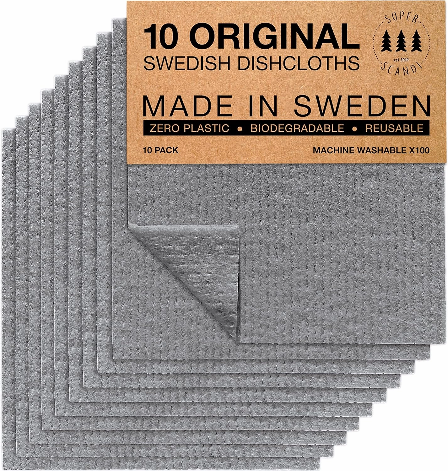 SUPERSCANDI 10 Pack Swedish Dishcloths for Kitchen - 100% Biodegradable & Compostable Reusable Paper Towels Washable, Food-Safe & Without Plastic - Dish Rags Suitable for Any Surface, Grey