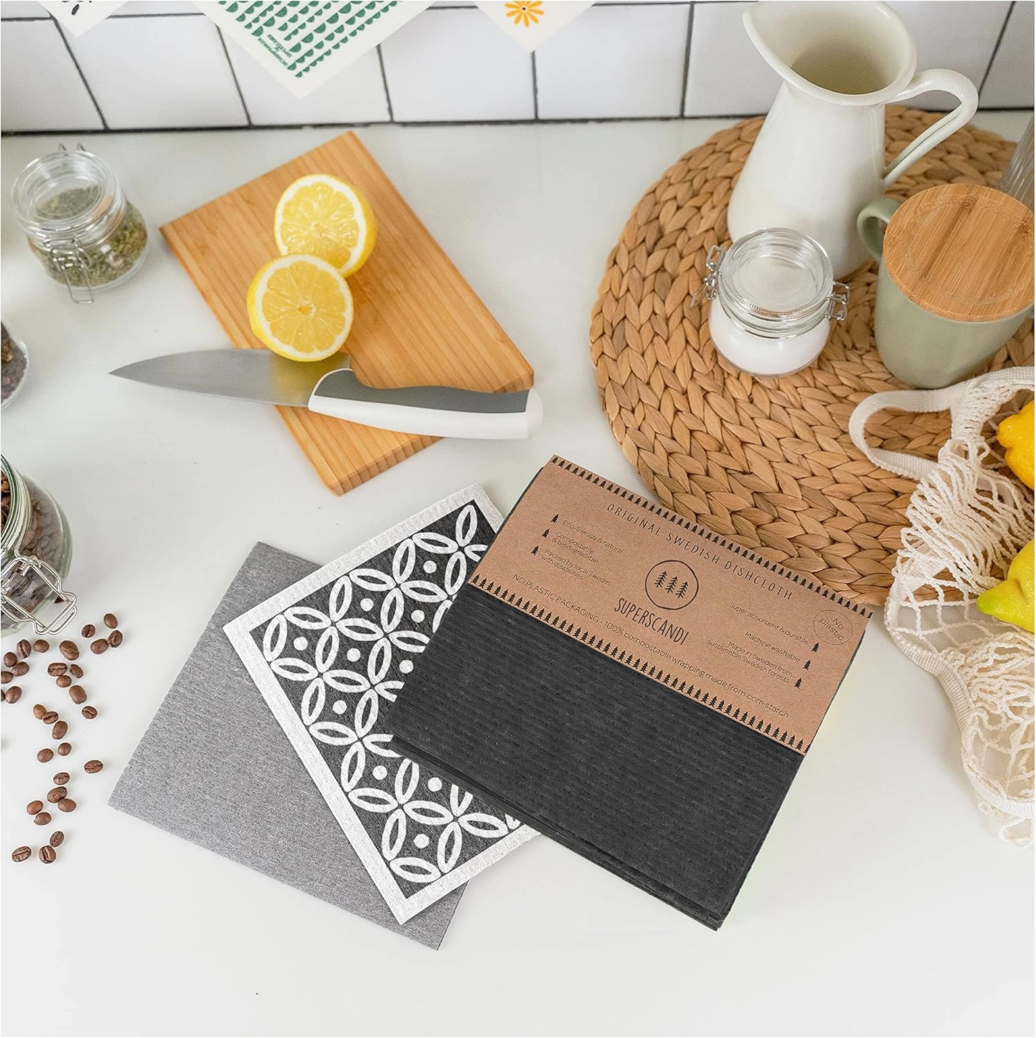 SUPERSCANDI 10 Pack Swedish Dishcloths for Kitchen - 100% Biodegradable & Compostable Reusable Paper Towels Washable, Food-Safe & Without Plastic - Dish Rags Suitable for Any Surface, Grey