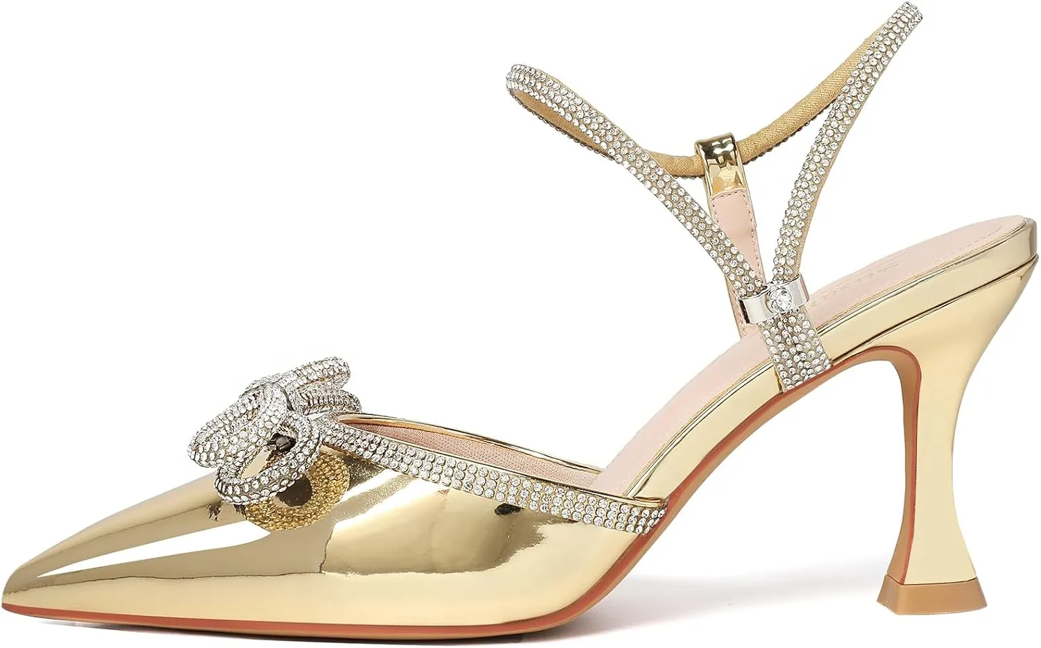 Susanny Women's Closed Toe Rhinstone Wedding Low Heel Slingback Clear Kitten Heels,Adjustable Strap Pointed Toe Bow Pumps High Heeled Prom Dress Shoes