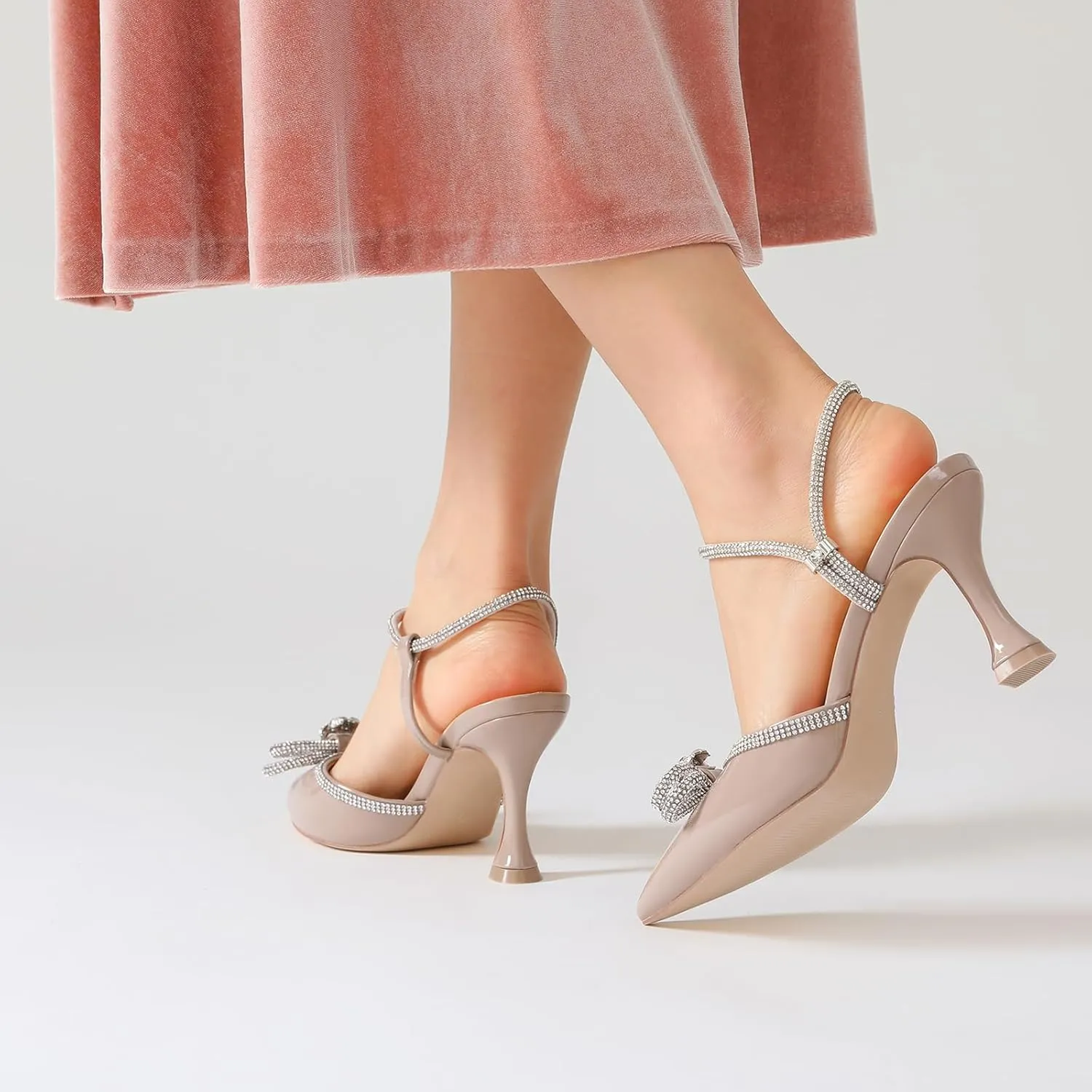 Susanny Women's Closed Toe Rhinstone Wedding Low Heel Slingback Clear Kitten Heels,Adjustable Strap Pointed Toe Bow Pumps High Heeled Prom Dress Shoes