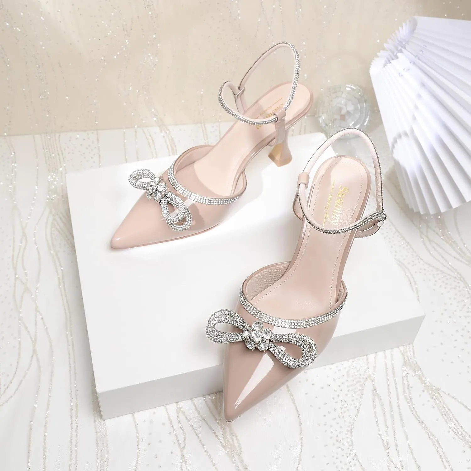 Susanny Women's Closed Toe Rhinstone Wedding Low Heel Slingback Clear Kitten Heels,Adjustable Strap Pointed Toe Bow Pumps High Heeled Prom Dress Shoes