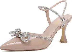 Susanny Women's Closed Toe Rhinstone Wedding Low Heel Slingback Clear Kitten Heels,Adjustable Strap Pointed Toe Bow Pumps High Heeled Prom Dress Shoes