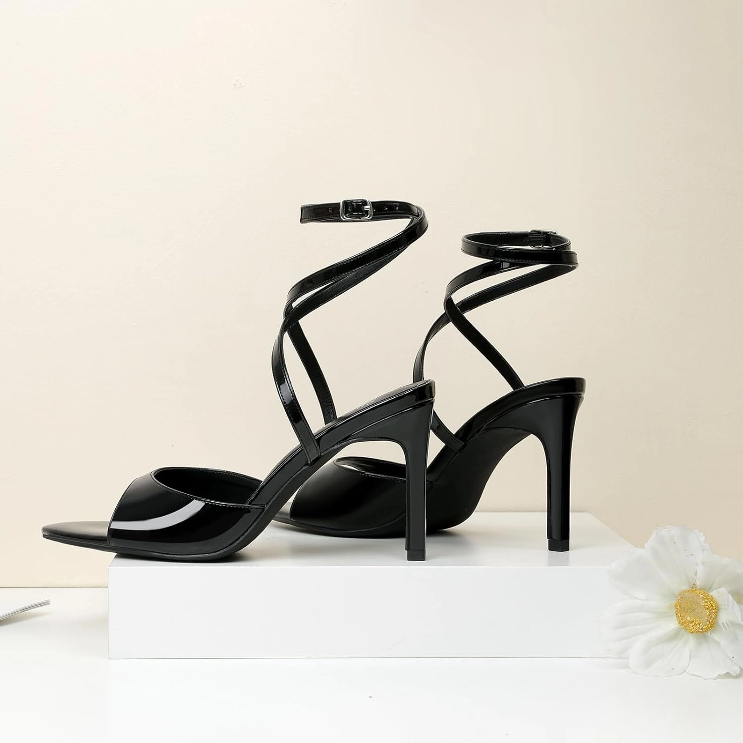 Susanny High Heels for Women Pointed Open Toe Strappy Chunky Block Heels Ankle Strap Stiletto Kitten Heeled Sandals Wedding Bridal Party Prom Sexy Dress Shoes