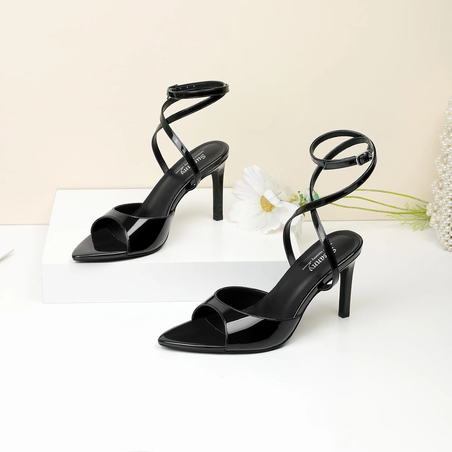Susanny High Heels for Women Pointed Open Toe Strappy Chunky Block Heels Ankle Strap Stiletto Kitten Heeled Sandals Wedding Bridal Party Prom Sexy Dress Shoes