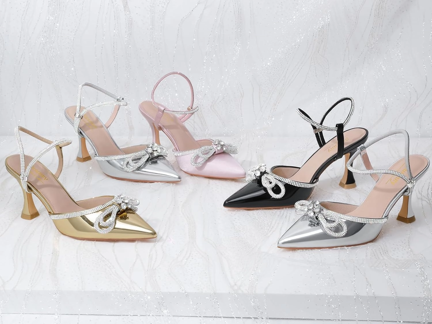 Susanny Women's Closed Toe Rhinstone Wedding Low Heel Slingback Clear Kitten Heels,Adjustable Strap Pointed Toe Bow Pumps High Heeled Prom Dress Shoes