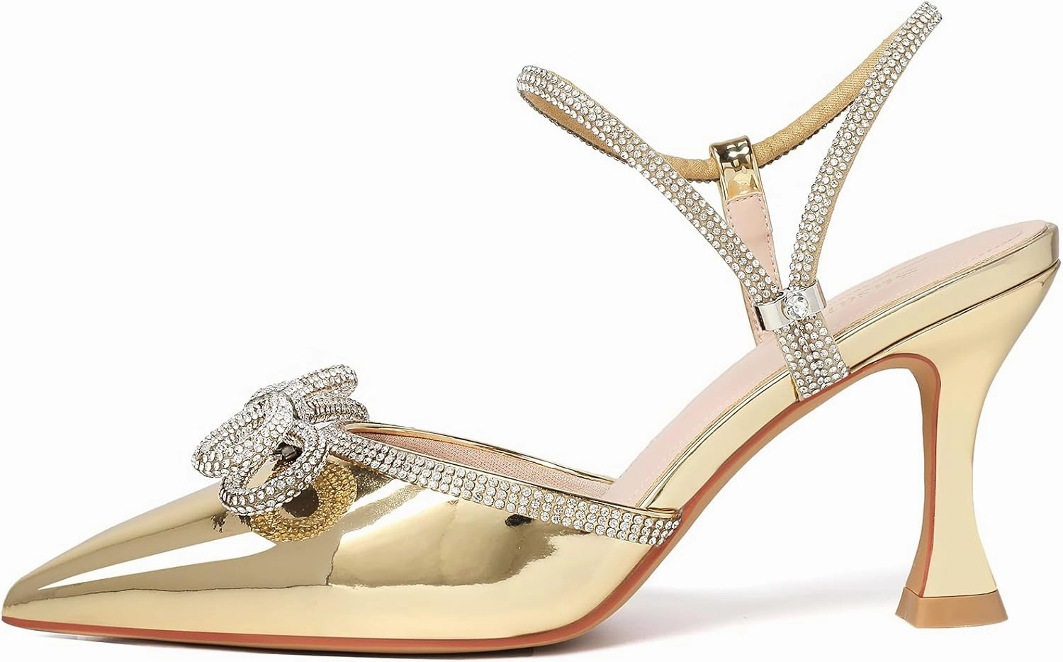 Susanny Women's Closed Toe Rhinstone Wedding Low Heel Slingback Clear Kitten Heels,Adjustable Strap Pointed Toe Bow Pumps High Heeled Prom Dress Shoes