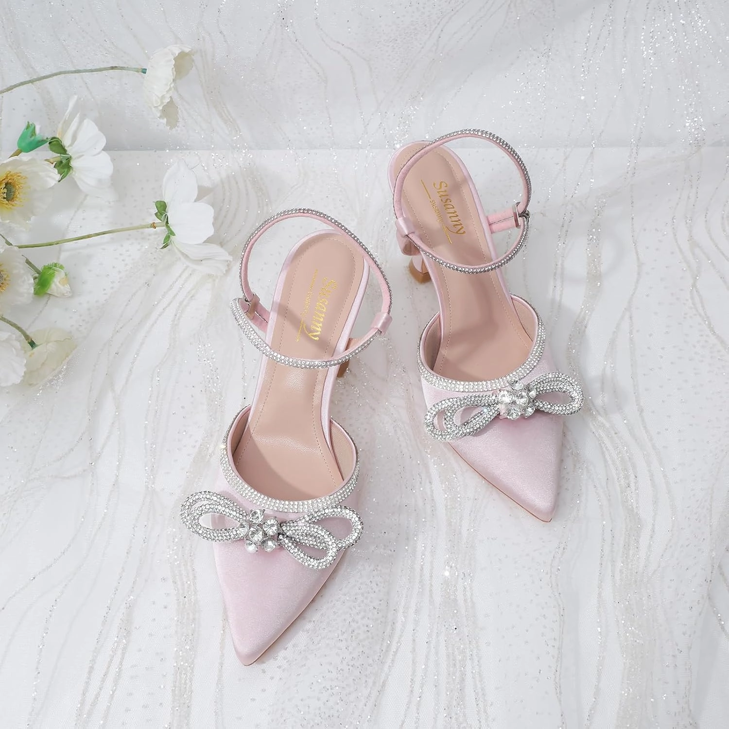 Susanny Women's Closed Toe Rhinstone Wedding Low Heel Slingback Clear Kitten Heels,Adjustable Strap Pointed Toe Bow Pumps High Heeled Prom Dress Shoes
