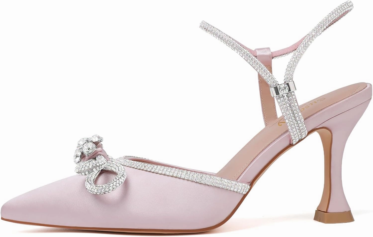 Susanny Women's Closed Toe Rhinstone Wedding Low Heel Slingback Clear Kitten Heels,Adjustable Strap Pointed Toe Bow Pumps High Heeled Prom Dress Shoes