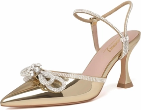 Susanny Women's Closed Toe Rhinstone Wedding Low Heel Slingback Clear Kitten Heels,Adjustable Strap Pointed Toe Bow Pumps High Heeled Prom Dress Shoes