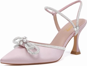 Susanny Women's Closed Toe Rhinstone Wedding Low Heel Slingback Clear Kitten Heels,Adjustable Strap Pointed Toe Bow Pumps High Heeled Prom Dress Shoes