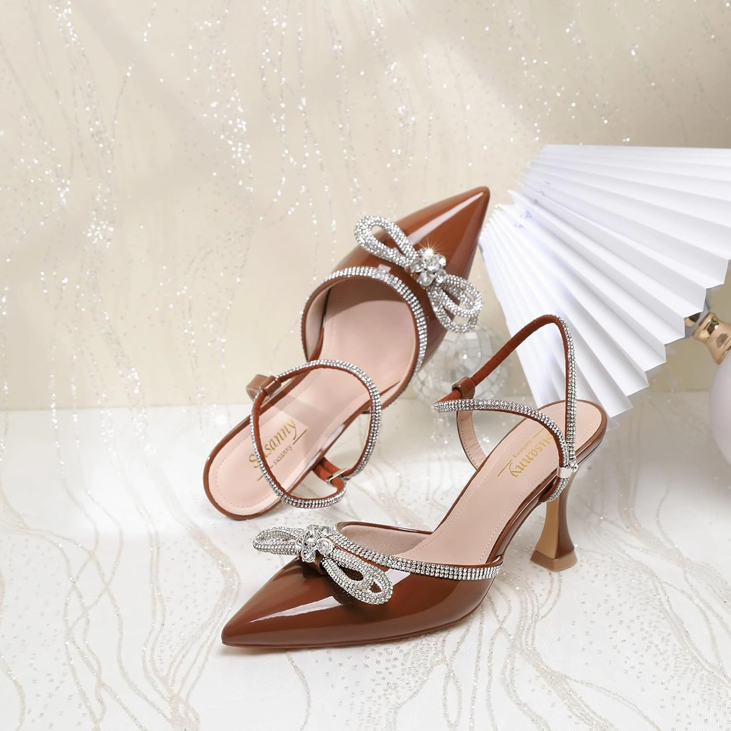 Susanny Women's Closed Toe Rhinstone Wedding Low Heel Slingback Clear Kitten Heels,Adjustable Strap Pointed Toe Bow Pumps High Heeled Prom Dress Shoes