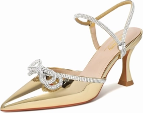 Susanny Women's Closed Toe Rhinstone Wedding Low Heel Slingback Clear Kitten Heels,Adjustable Strap Pointed Toe Bow Pumps High Heeled Prom Dress Shoes