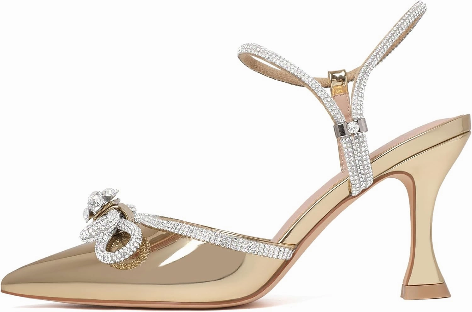 Susanny Women's Closed Toe Rhinstone Wedding Low Heel Slingback Clear Kitten Heels,Adjustable Strap Pointed Toe Bow Pumps High Heeled Prom Dress Shoes